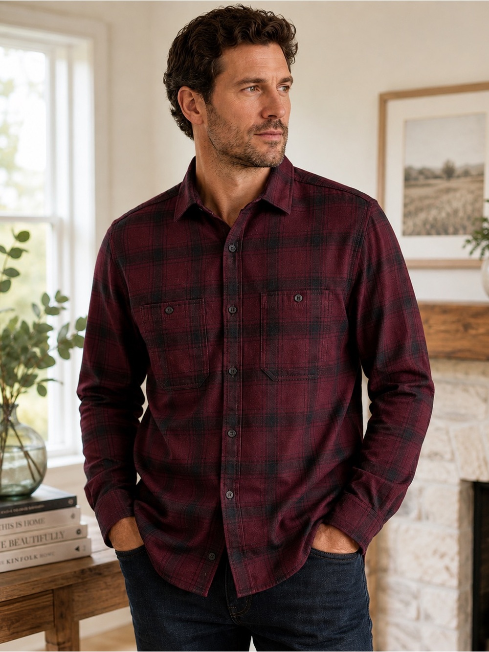 NEW Mack Weldon Warm Knit Flannel Shirt XL Burgundy Plaid Preppy Casual Winter